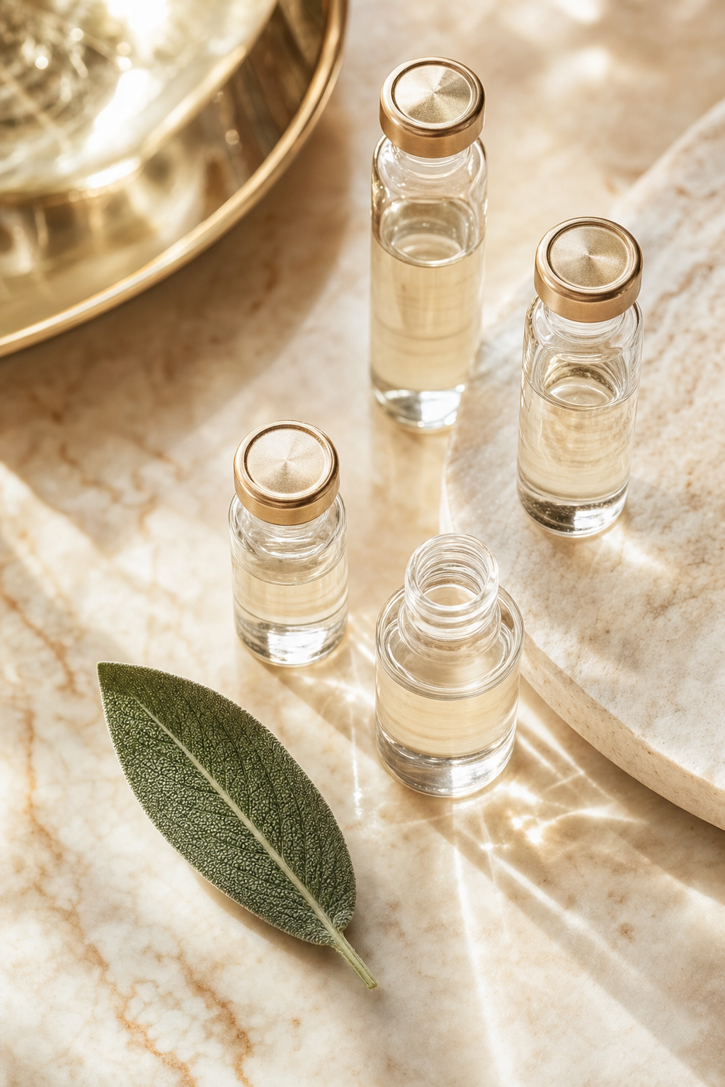 Unlabeled research vials with sage leaf on warm marble surface